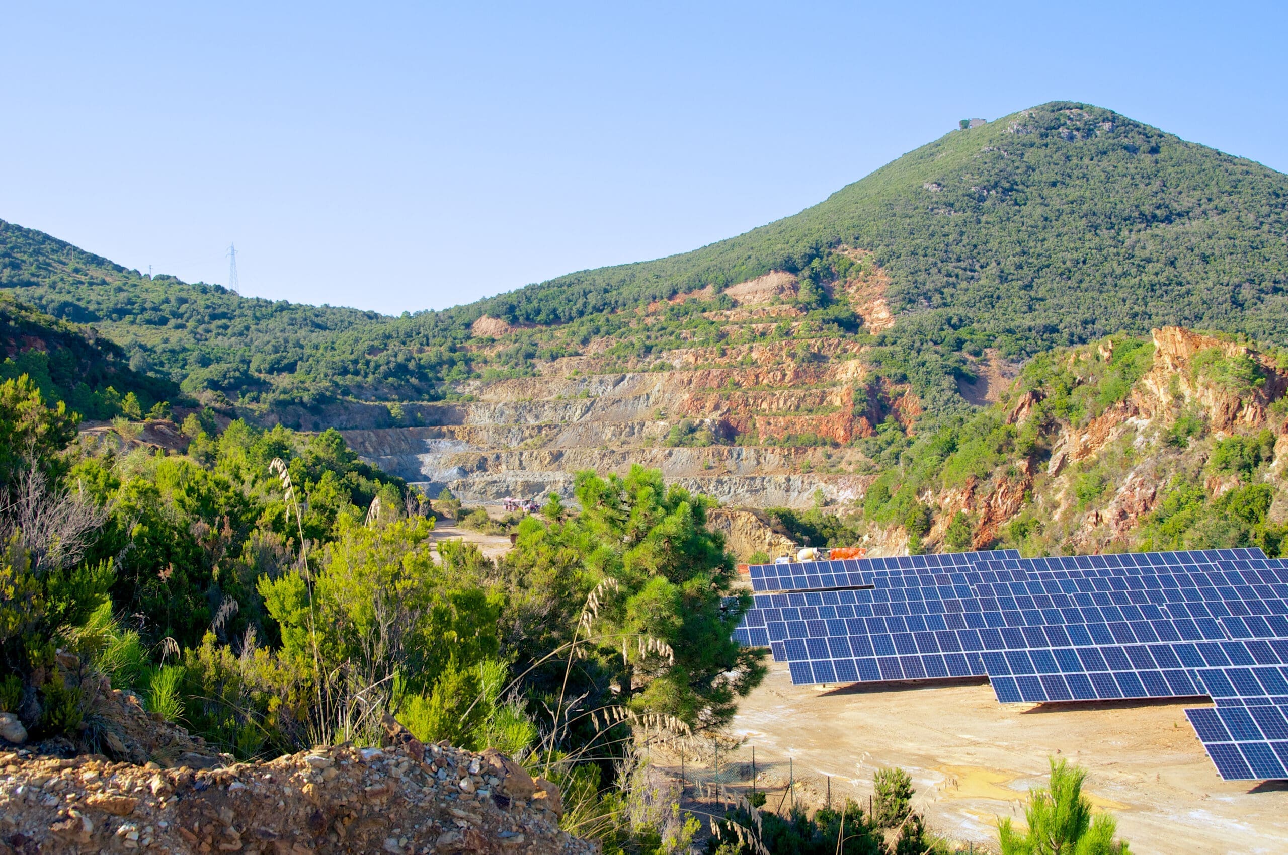 Solar panels in an old quarry of the Romans, Elba Island, Italy Solar panels